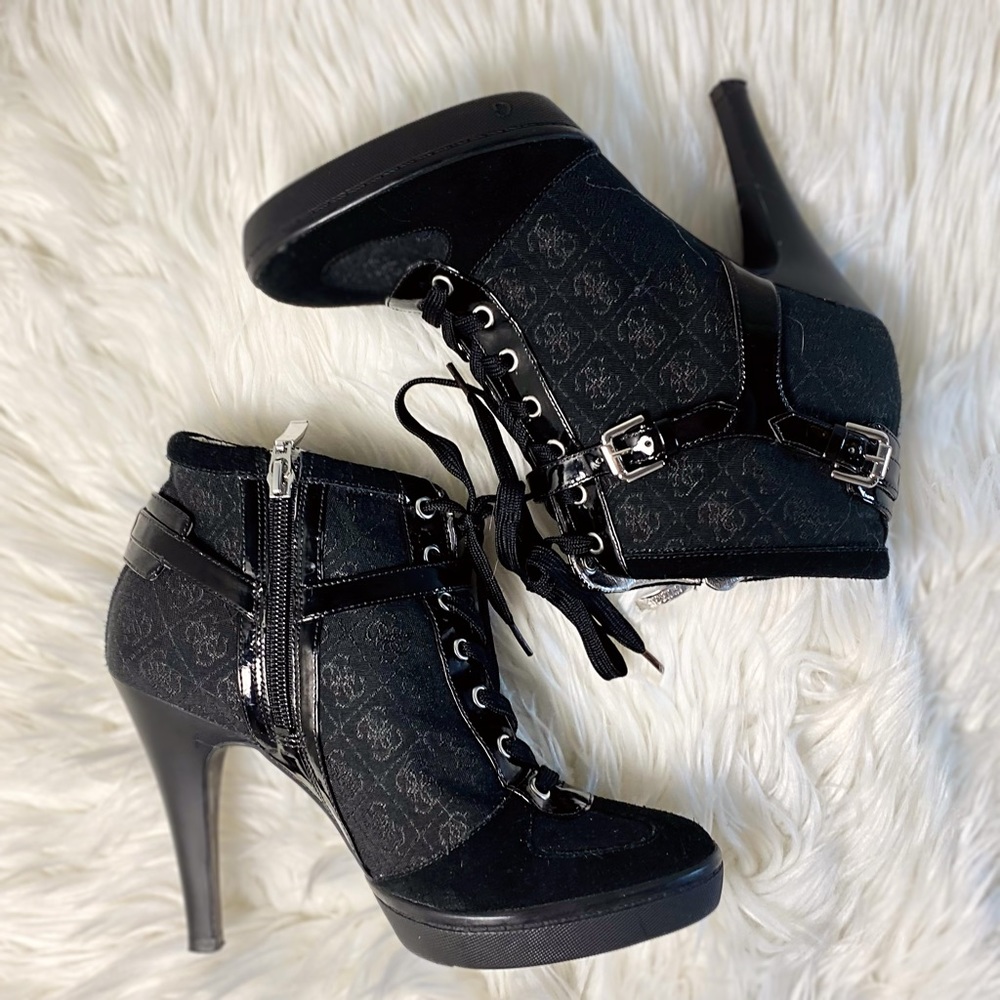 Guess Black High Heeled Buckled Zip-Up Stiletto Sneakers Size 38